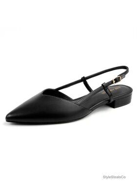 Slingback Flats Pointed Toe Buckle Strap Low Heel Dress Shoes Faux Leather